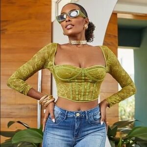 SHEIN Olive Lace Long Sleeve Crop Top